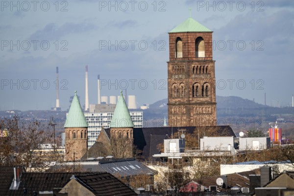 View over the northern Ruhr area, from Essen to Gelsenkirchen, Church of the Redeemer in Essen, in the back the UNIPER power plant in Gelsenkirchen Scholven, North Rhine-Westphalia, Germany