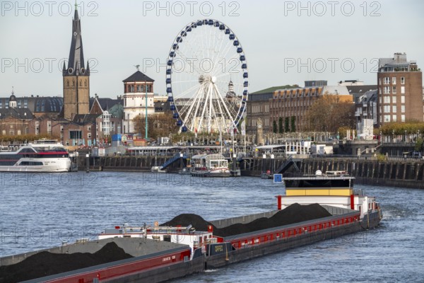 Dutch cargo ship Orfeo, brings power plant coal from the Netherlands to Mannheim, here on the Rhine near Düsseldorf, old town backdrop with giant wheel, North Rhine-Westphalia, Germany