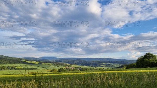 Sunny summer landscape with fields, meadows and forests (smartphone photo), Hübental, Witzenhausen, Werra-Meißner-Kreis, North Hesse, Germany