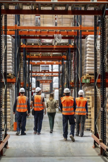 Logistics manager inspecting stock levels and operations with a team of warehouse workers wearing safety vests and hard hats in a modern distribution center