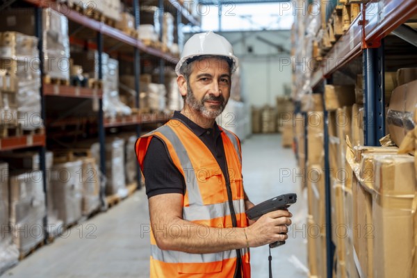 Male warehouse worker wearing a hard hat and safety vest, holding a barcode scanner in a modern distribution center, managing inventory and supply chain operations