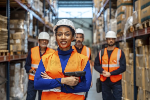 Confident woman worker wearing a safety helmet and high visibility vest and holding a scanner, leading her diverse team members in a busy warehouse aisle among storage racks