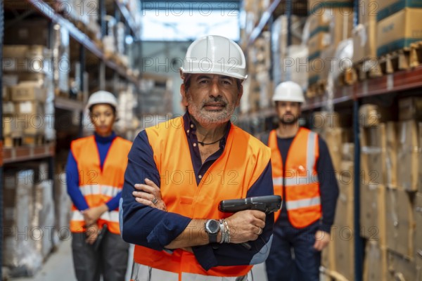 Experienced male manager holding a scanner with a team of diverse workers standing in rows of shelves filled with cardboard boxes in a large industrial logistics warehouse
