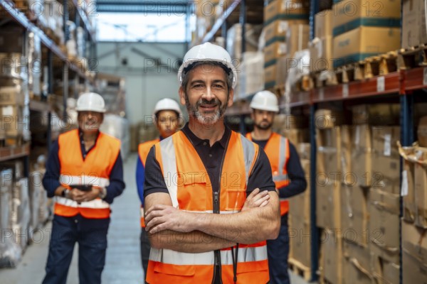 Warehouse manager with a safety helmet and high visibility vest standing with crossed arms, smiling at the camera, with a diverse team of workers behind him in a modern logistics facility