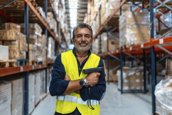 Warehouse manager or employee standing confidently with folded arms, holding a barcode scanner while smiling at the camera, surrounded by racks of inventory in a large distribution facility