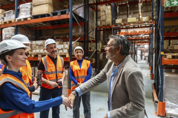 Manager and logistics team member shaking hands in a busy distribution center, collaborating and discussing operations while surrounded by warehouse shelves and storage boxes