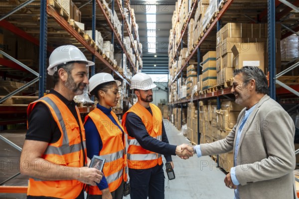 Logistics manager smiling and shaking hands with a warehouse worker in safety gear, celebrating a successful agreement or collaboration with a diverse team in a distribution center