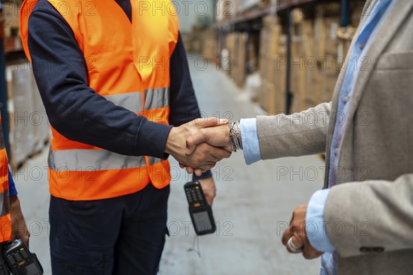 Two people, one wearing a safety vest and scanner, the other in a business suit, shaking hands in a logistics warehouse, symbolizing agreement, partnership, and successful business cooperation