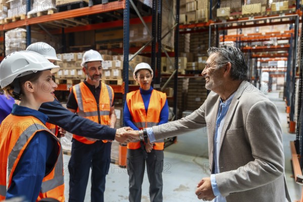 Warehouse manager in a suit shaking hands with a female logistics worker wearing a hard hat and safety vest, sealing a deal with their diverse team looking on in an industrial warehouse