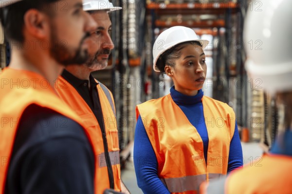 Industry professionals wearing safety vests and hard hats discussing work plans and operations in a modern logistics warehouse, representing teamwork, competence, and industrial safety