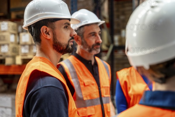 Warehouse workers wearing reflective vests and hard hats actively listening during a team meeting, discussing logistics operations and safety protocols in an industrial storage facility