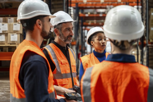 Diverse group of logistics professionals wearing safety vests and hard hats, collaborating and discussing operations within a large storage warehouse filled with pallets