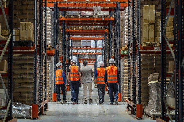 Group of diverse warehouse workers in safety vests and a manager inspecting inventory and racks, discussing operations in a modern distribution center
