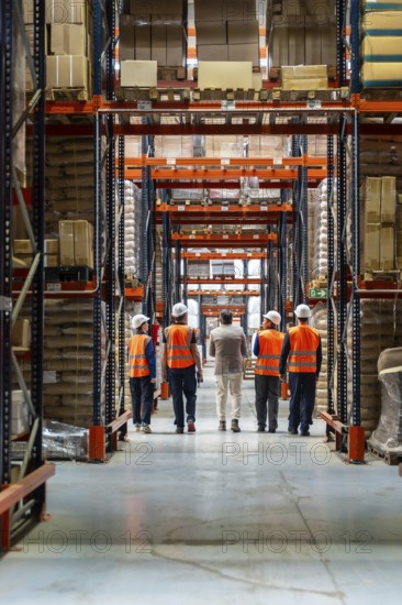 Group of diverse workers and a manager in safety vests and hard hats walking down a long aisle between stacks of cardboard boxes in a busy modern logistics warehouse