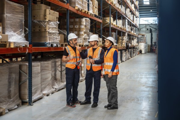 Diverse team of logistics professionals wearing safety gear and hard hats discussing inventory management and optimizing supply chain operations inside a modern distribution warehouse