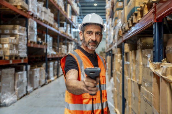 Warehouse worker wearing safety helmet and vest, holding scanner, checking inventory and managing logistics in a large distribution center with packed cardboard boxes on shelves