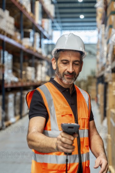 Male warehouse worker in orange safety vest and white hard hat scans inventory with a handheld barcode scanner in a modern logistics facility amid racks of boxes and pallets