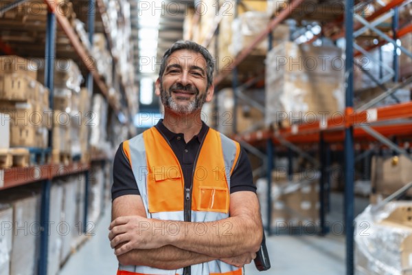 Hispanic male worker wearing a safety vest and holding a scanner in a large distribution warehouse, standing proudly with arms crossed during his daily work