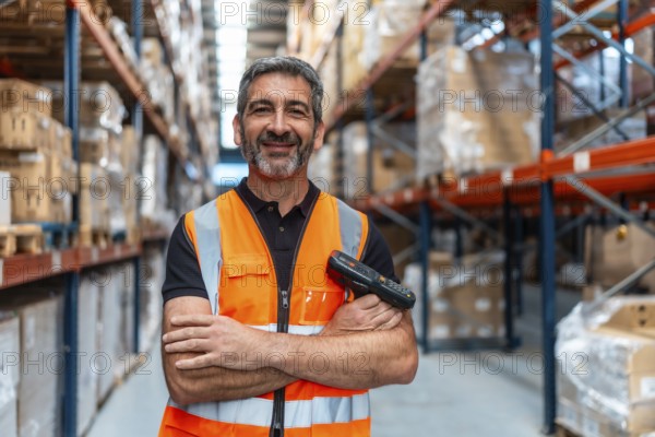 Logistics worker in safety vest stands confidently with arms folded and barcode scanner in hand, smiling in a brightly lit warehouse aisle lined with stocked shelves