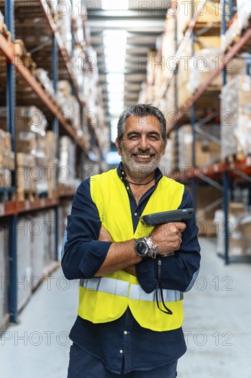 Experienced warehouse professional in a high visibility vest, smiling confidently with folded arms and barcode scanner in a neat logistics distribution aisle, ready for inventory operations