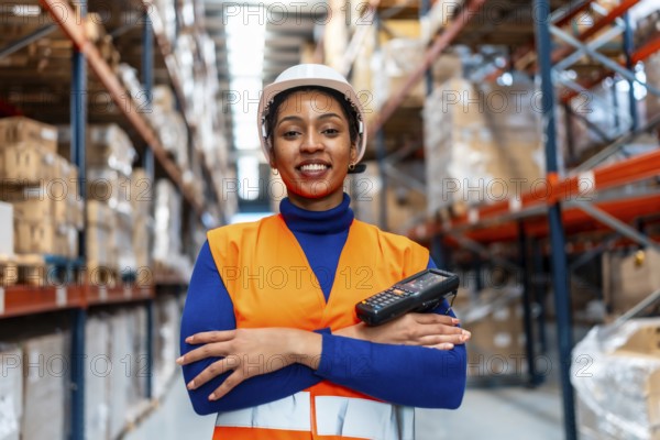 Female logistics operator wearing safety vest and hard hat, standing confidently with a barcode scanner in a modern distribution warehouse full of racks and inventory