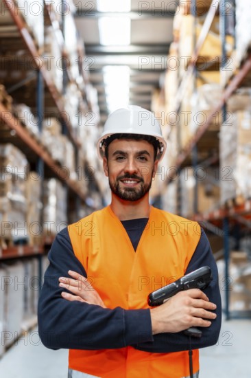Warehouse worker in safety vest and hard hat smiles at camera while holding a barcode scanner in a modern logistics facility, conveying efficient inventory control and fulfillment operations