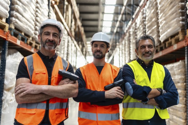 Three smiling male workers wearing hard hats and safety vests standing with arms crossed and handheld barcode scanners in a modern logistics warehouse, embodying teamwork and efficient operations