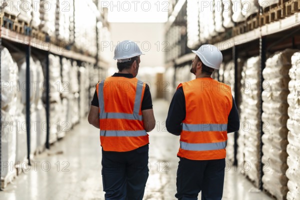 Warehouse workers wearing hard hats and high visibility vests are walking through aisles of stacked inventory, overseeing operations and managing logistics in a large storage facility