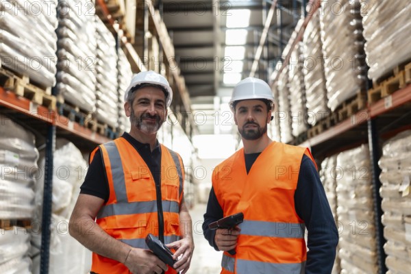 Two male logistics supervisors wearing safety helmets and reflective vests are standing confidently in a busy distribution center, holding barcode scanners and managing daily operations