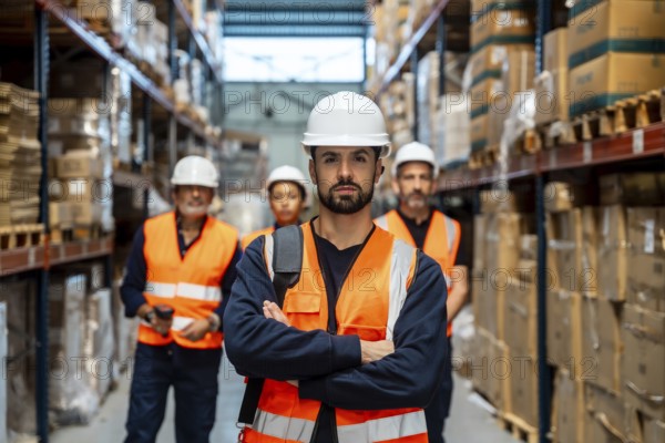 Warehouse supervisor in hard hat and safety vest stands with arms crossed, leading a diverse team in a busy indoor logistics and distribution center focused on efficient cargo handling and shipping
