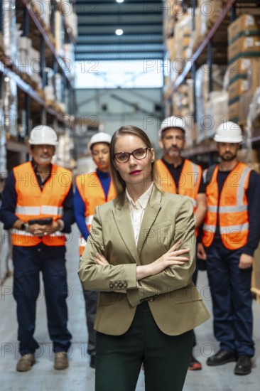 Female manager stands confidently with arms crossed before a diverse team of warehouse workers in high visibility vests and hard hats, symbolizing leadership and collaborative logistics