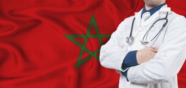Morocco healthcare concept. Male doctor on Morocco flag. Doctor with crossed arms on Morocco flag