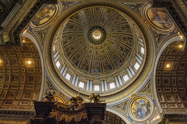 View from under the dome of St. Peter's Basilica with 117, 57 meters inner height and inner diameter of 41.50 meters upwards into the vault of the highest part of St. Peter's Basilica, Basilica of St. Peter, Vatican, Rome, Lazio, Italy