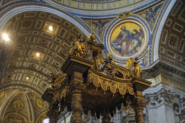 View from below up to top of canopy canopy ciborium by Gian Giovanni Lorenzo Bernini over the tomb of Peter and papal altar in St. Peter's Basilica, Basilica of St. Peter, Vatican, Rome, Lazio, Italy
