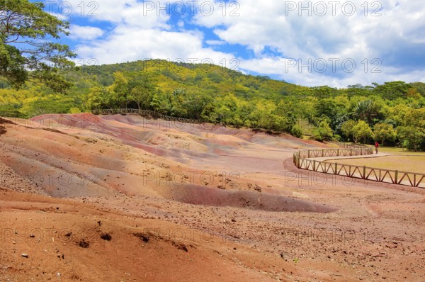 View of hills with rare colored seven-colored earths from Chamarel, right circular trail for tourists, Terres des Couleurs, Chamarel nature park Park, Chamarel, Mauritius
