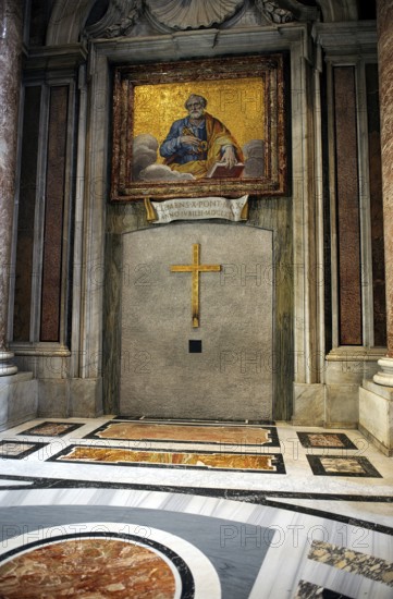 Interior view of walled up Saint Door in St. Peter's Basilica, above painting of Apostle Saint St. Peter with Sky Key to Heavenly Gate, Basilica of St. Peter, Vatican, Rome, Lazio, Italy