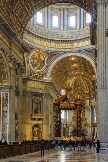 View of canopy canopy ciborium by Gian Giovanni Lorenzo Bernini over Peter's Tomb and Papal Altar in St. Peter's Basilica, above vaulted dome of St. Peter's Basilica, Vatican, Rome, Lazio, Italy