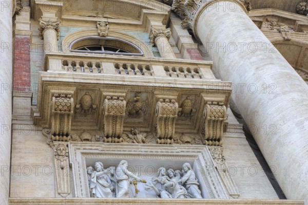 Steep view up under balcony of Benediction Loggia where new Pope is proclaimed Loggia Blessing Loggia over the main portal of St. Peter's Basilica, Vatican, Rome, Lazio, Italy