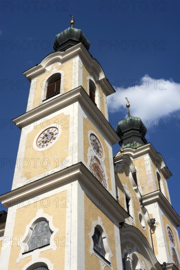 Towers of the Baroque Church of St. Jakob and St. Leonard, Hopfgarten im Brixentale, Tyrol, Austria