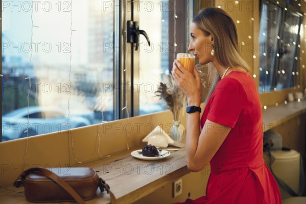 A woman in a red dress sits by the window of a cafe, sipping a warm drink and enjoying a dessert. Warm lights create a relaxed vibe as she gazes out at the bustling city during the evening