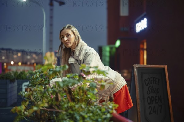 A woman leaning on the railing decorated with the plants outside a coffee shop in the evening. The setting features soft lights and a cozy relaxed atmosphere