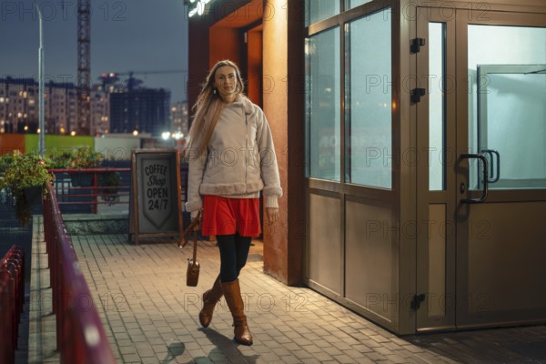 A woman strolls outside a coffee shop in the evening. She is dressed in a bright red dress, brown boots, and a cozy jacket