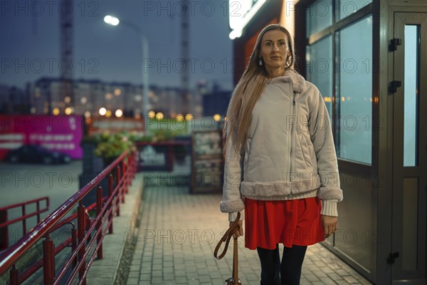 A woman dressed in a light jacket and red skirt walks along a sidewalk near shops in a city. The scene captures the essence of evening life with soft lighting and a relaxed atmosphere