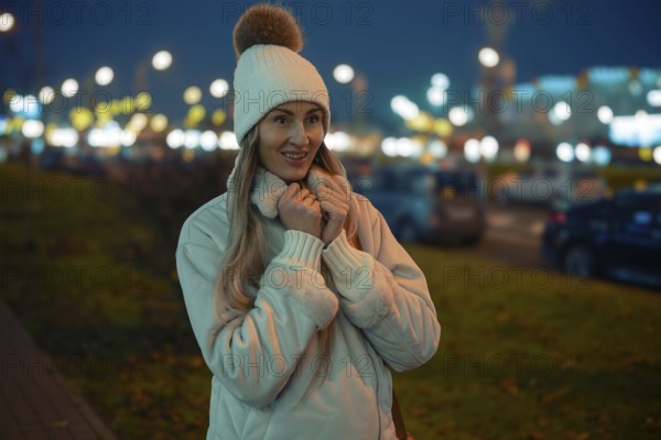 A woman stands outside on a city street during the evening, wearing a warm jacket and a hat with a pompom. She smiles while surrounded by twinkling street lights and distant cars