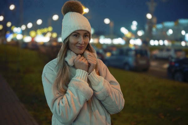 A woman wearing a cozy coat and hat stands outside on a cool evening. The city lights twinkle in the background as she smiles softly, showcasing a relaxed atmosphere. Cars are parked along the road