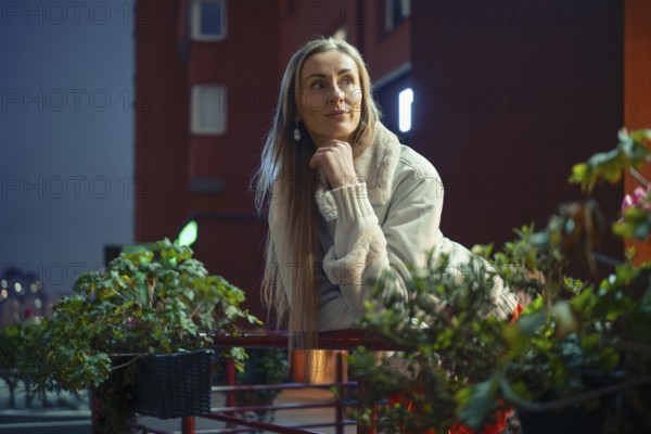 A woman with long hair leans on a railing surrounded by lush plants, reflecting on a lively city night. Colorful lights shine in the background as she enjoys the peaceful moment outdoors