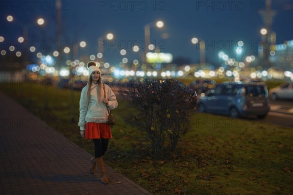 A woman walks along a city street at night, wearing a warm outfit that includes a short coat, knitted hat and a skirt. Streetlights and festive lights create a vibrant atmosphere around her