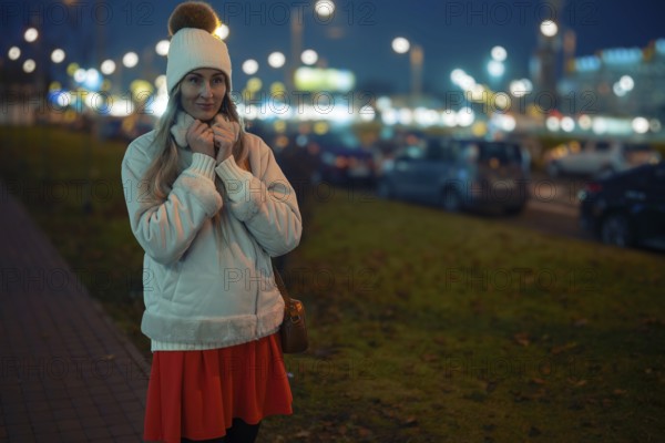 A woman stands outside on a cool evening, wearing a warm jacket and beanie. She smiles softly while holding her hands close to her face, illuminated by bright city lights