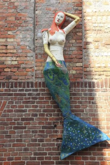 Mermaid from papier-mâchee, Stralsund, Vorpommern-Rügen district, Mecklenburg-Western Pomerania, Germany (permanent work of art by the Kabruusch company in public space)