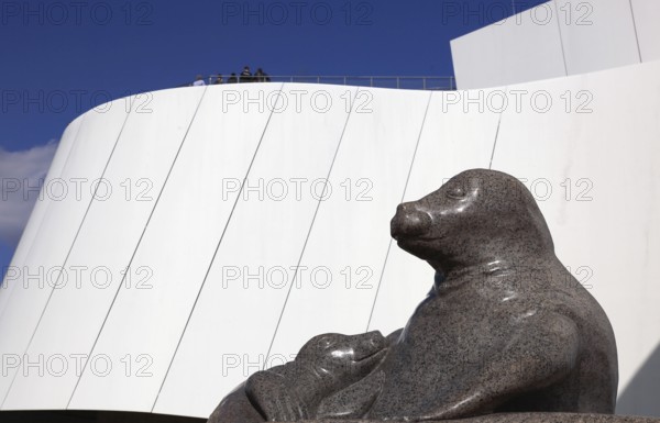Seal, statue in front of the Ozeaneum, Stralsund Maritime Museum, Museum of Oceanography and Fisheries, Aquarium and German Maritime Museum, Stralsund, Vorpommern-Rügen district, Mecklenburg-Western Pomerania, Germany